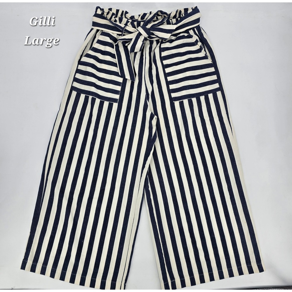 GILLI Navy White Striped Paperbag Waist Wide Leg Pants Large Coastal Nautical - Picture 1 of 6